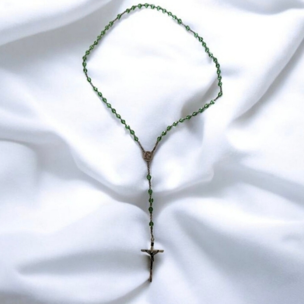 Vintage Rosary Silver Tone Green Beads